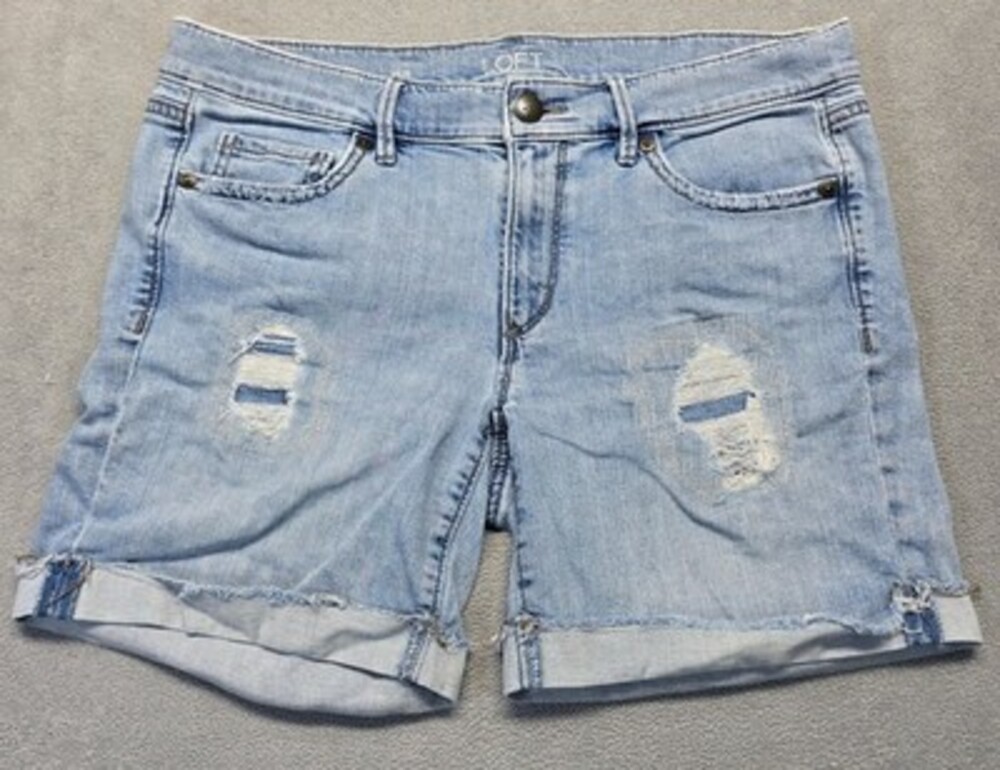 LOFT Women's Bermuda Shorts Blue Denim Distressed Cuffed Mid Rise Size 6